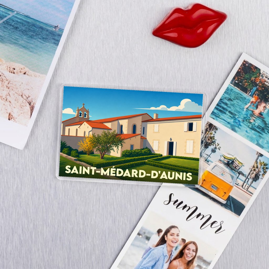 Magnet souvenir de la commune de Saint-Médard-d'Aunis avec une illustration stylisée de son église.