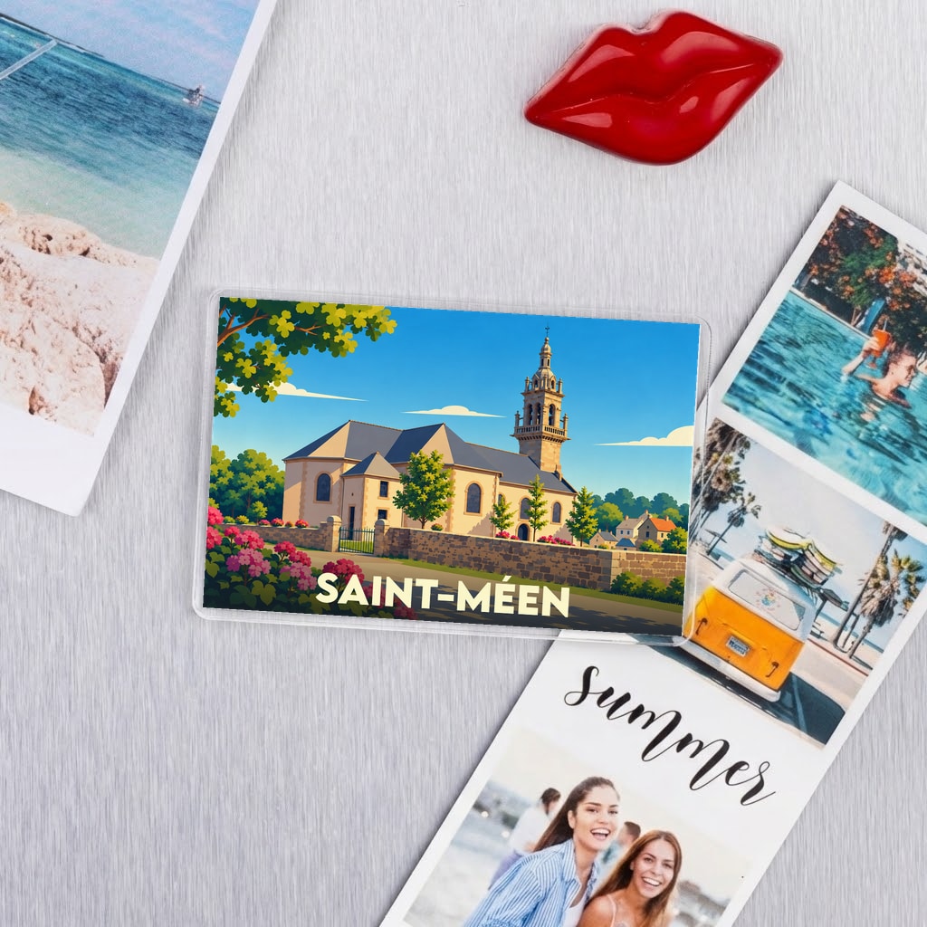 Magnet souvenir de la ville de Saint-Méen avec une illustration stylisée de son église.