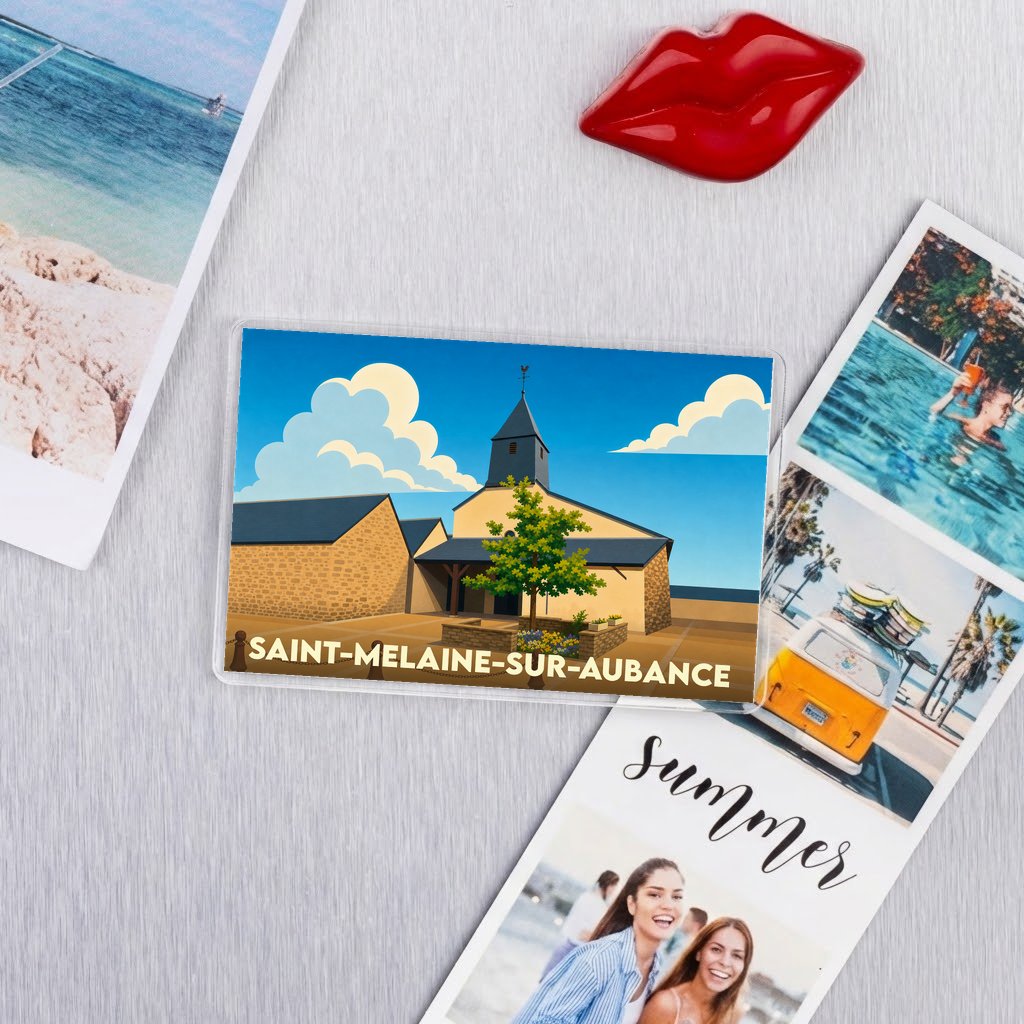 Magnet souvenir de la ville de Saint-Melaine-sur-Aubance avec une illustration stylisée de son église.