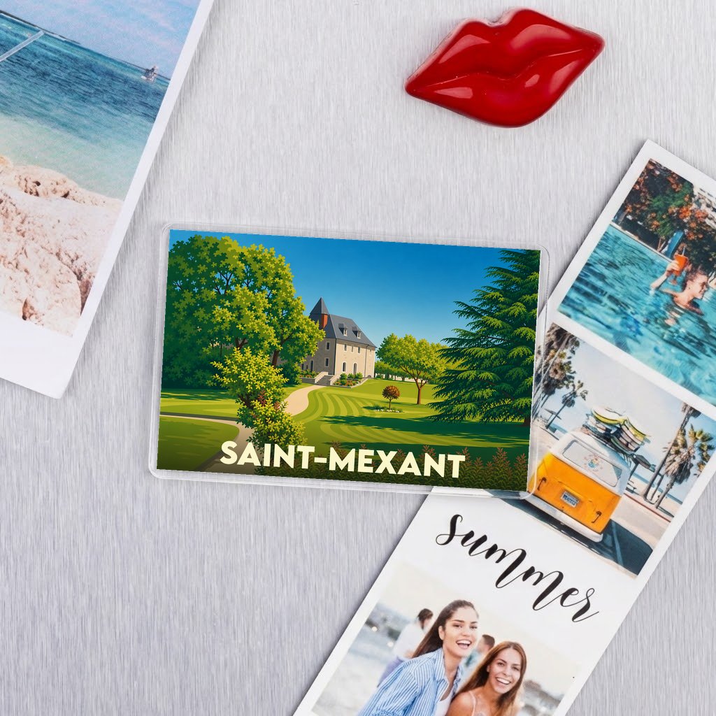 Magnet souvenir de la ville de Saint-Mexant avec une illustration stylisée.