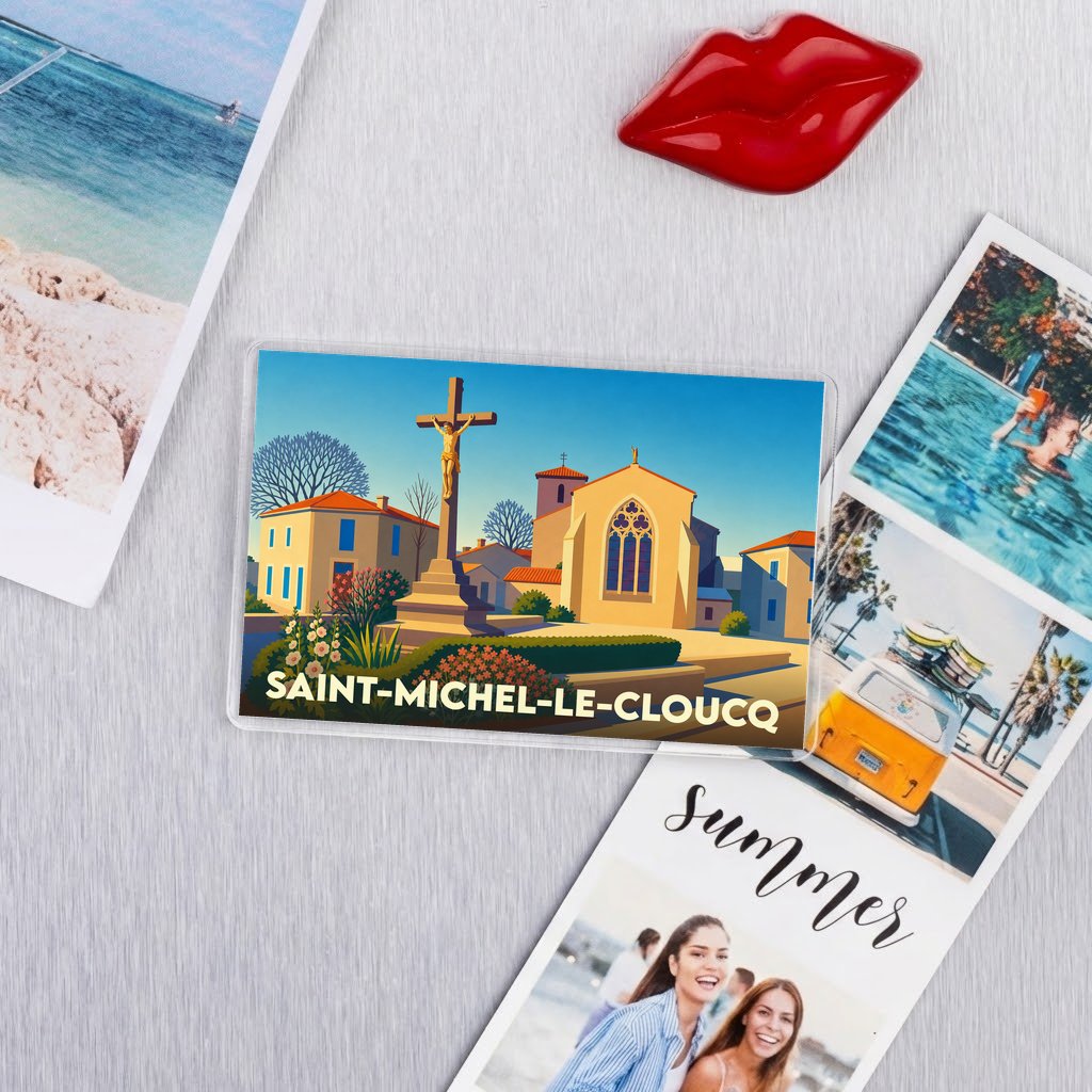 Magnet souvenir de la ville de Saint-Michel-le-Cloucq avec une illustration stylisée de son église et de son calvaire.