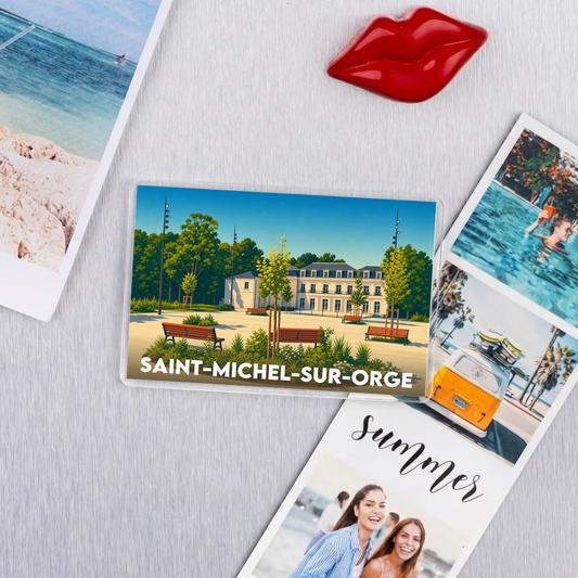 Magnet souvenir de la ville de Saint-Michel-sur-Orge avec une illustration stylisée de son patrimoine.