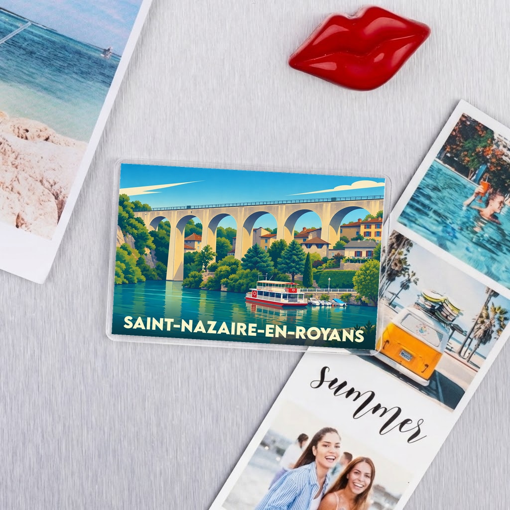 Magnet souvenir de la ville de Saint-Nazaire-en-Royans avec une illustration stylisée de son viaduc et de son port.