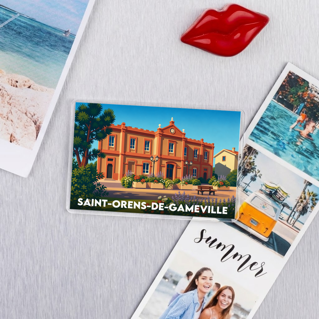 Magnet souvenir de la ville de Saint-Orens-de-Gameville avec une illustration stylisée.