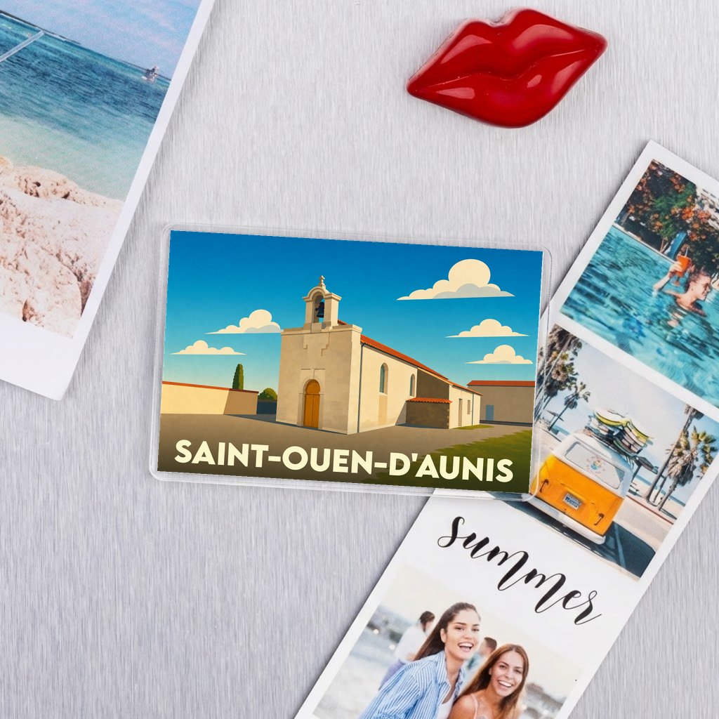 Magnet souvenir de la ville de Saint-Ouen-d'Aunis avec une illustration stylisée de son église.