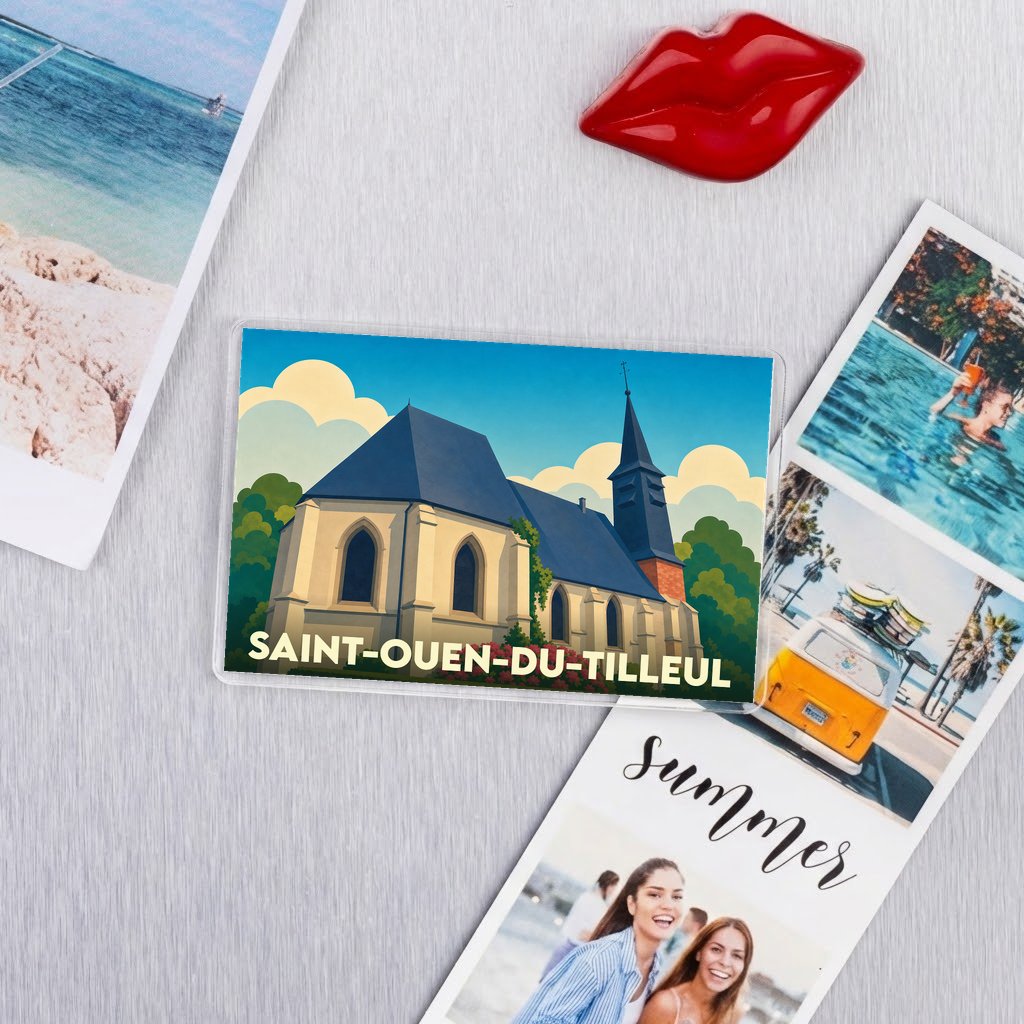 Magnet souvenir de la ville de Saint-Ouen-du-Tilleul avec une illustration stylisée de son église.