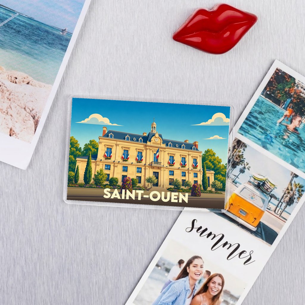 Magnet souvenir de la ville de Saint-Ouen avec une illustration stylisée de son hôtel de ville.