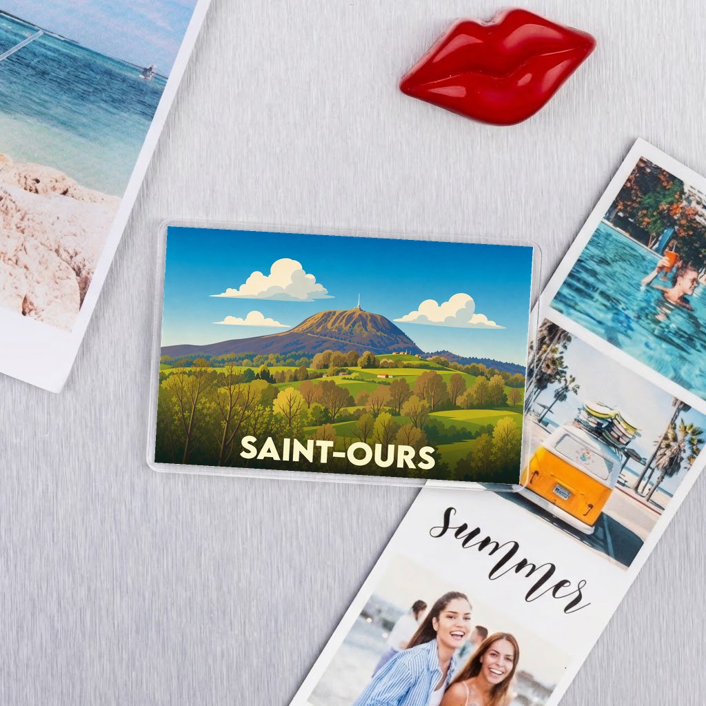 Magnet souvenir de la ville de Saint-Ours avec une illustration stylisée d'un paysage de montagne.