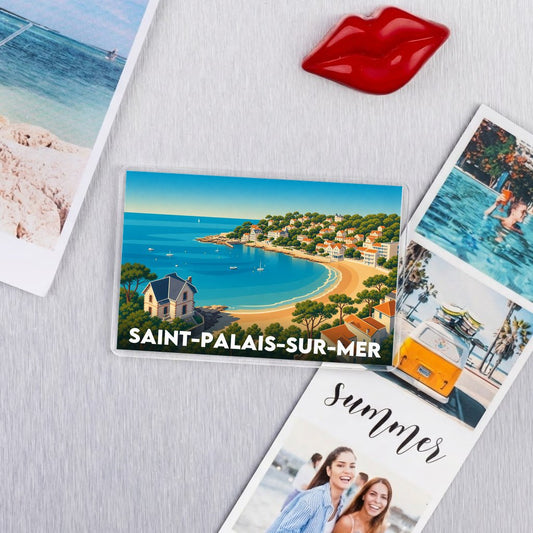 Magnet souvenir de la ville de Saint-Palais-sur-Mer avec une illustration stylisée.