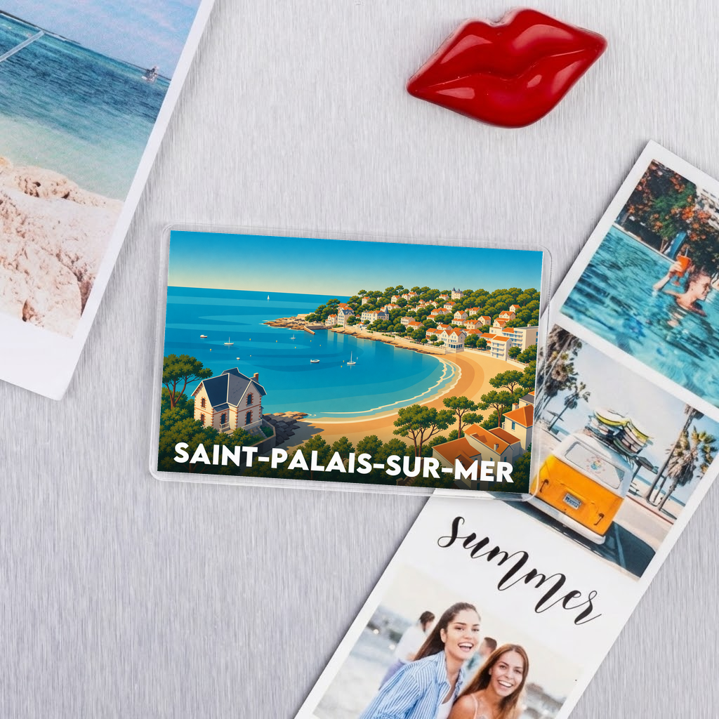 Magnet souvenir de la ville de Saint-Palais-sur-Mer avec une illustration stylisée.