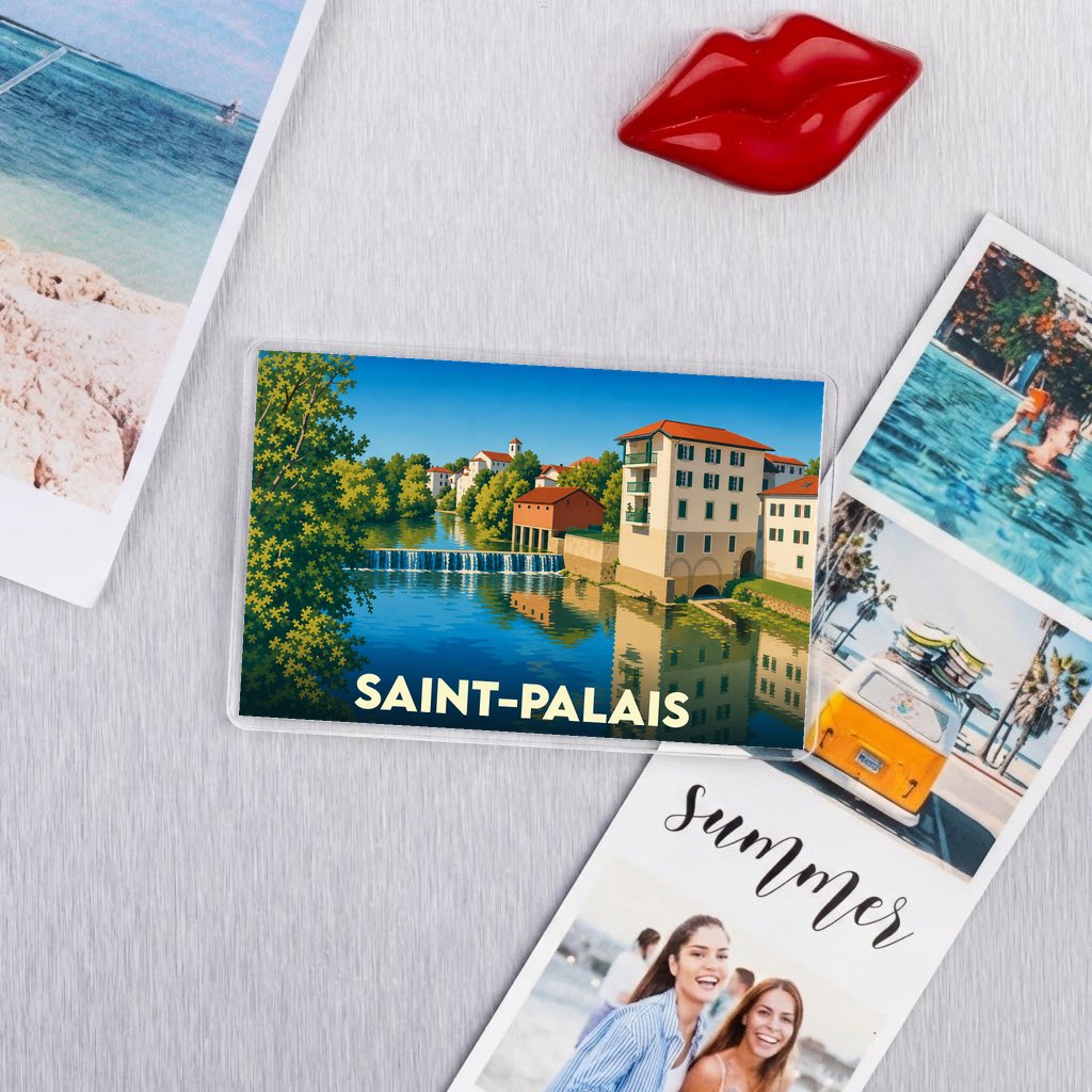 Magnet souvenir de la ville de Saint-Palais avec une illustration stylisée d'un paysage fluvial.