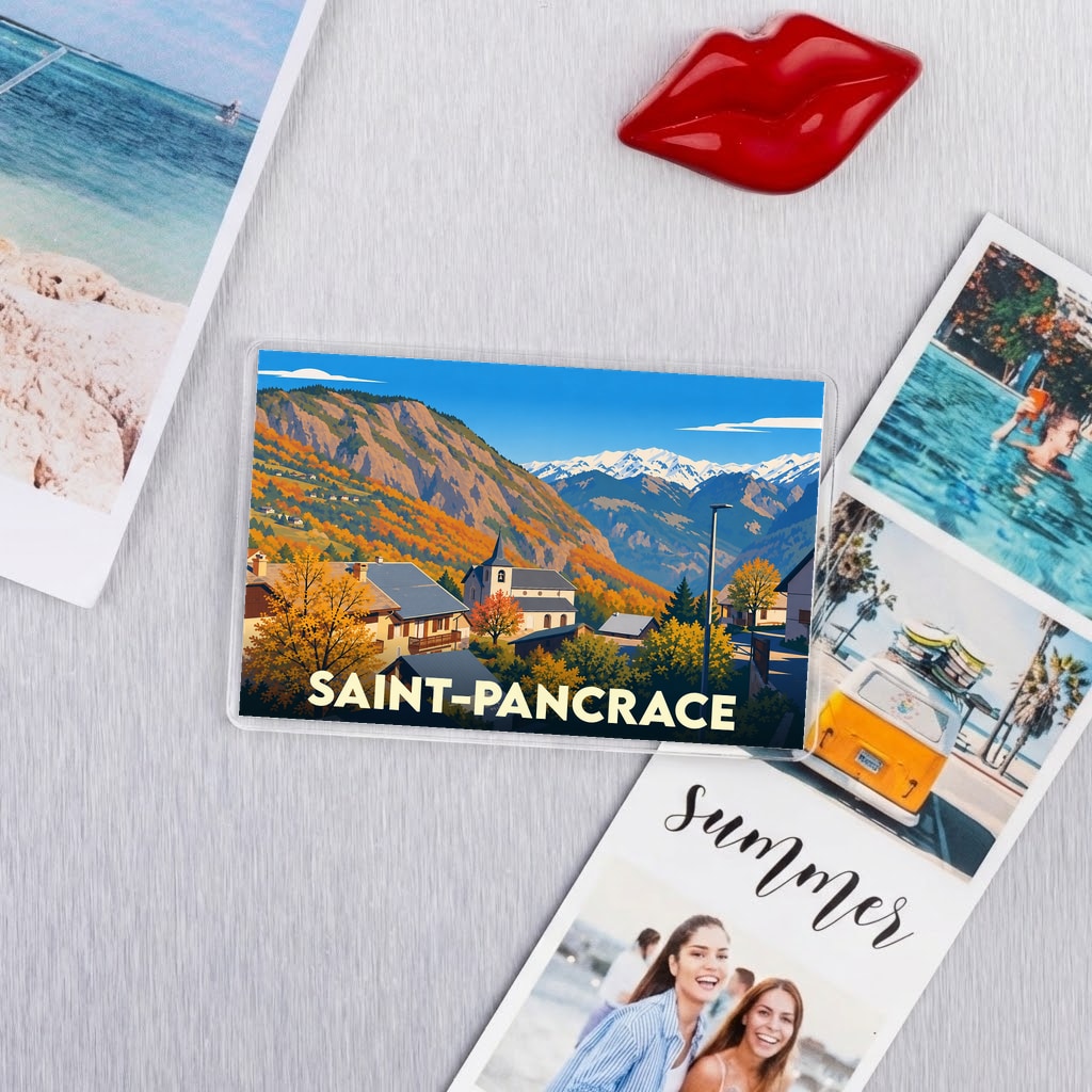 Magnet souvenir de la ville de Saint-Pancrace avec une illustration de paysage de montagne.