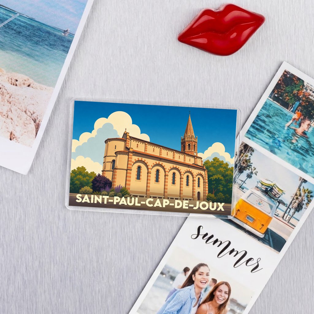 Magnet souvenir de la ville de Saint-Paul-Cap-de-Joux avec une illustration stylisée de son église.
