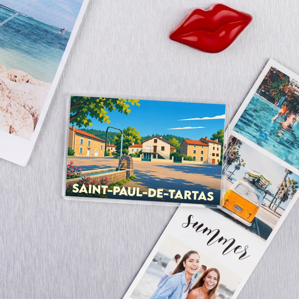 Magnet souvenir de Saint-Paul-de-Tartas avec une illustration stylisée du village et de sa fontaine.