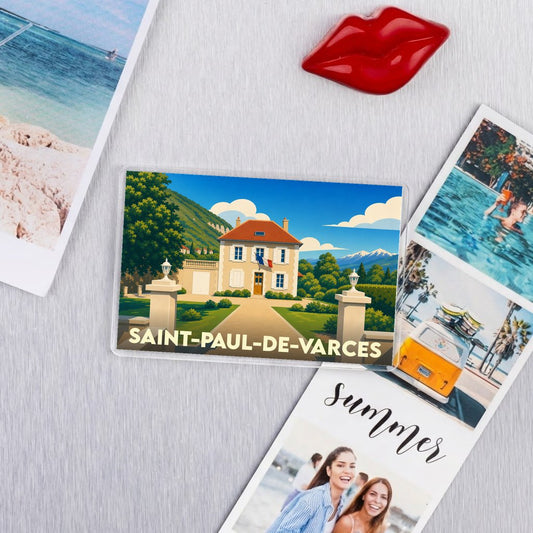 Magnet souvenir de la ville de Saint-Paul-de-Varces avec une illustration colorée et stylisée.