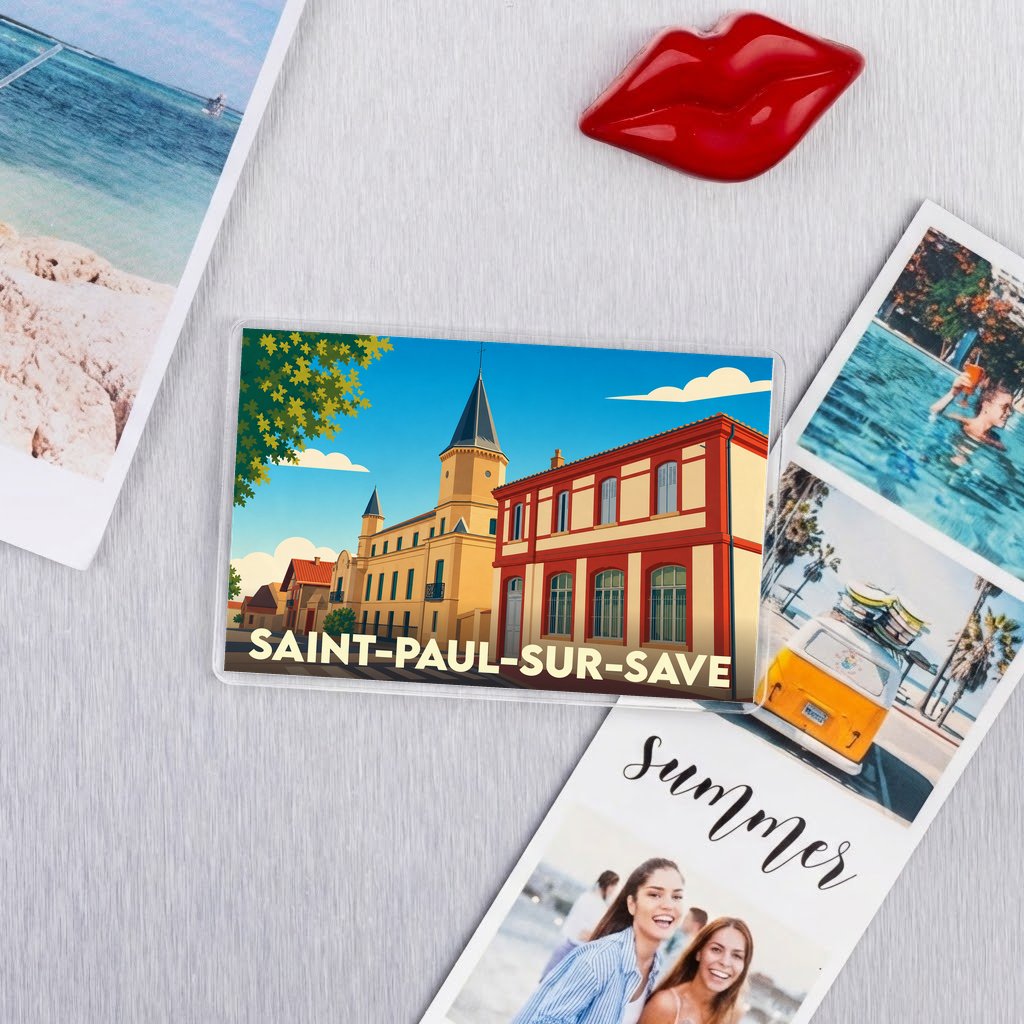 Magnet souvenir de la ville de Saint-Paul-sur-Save avec une illustration stylisée de son architecture.