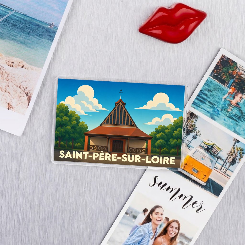 Magnet souvenir de Saint-Père-sur-Loire arborant une illustration stylisée de son église sous un ciel azur.