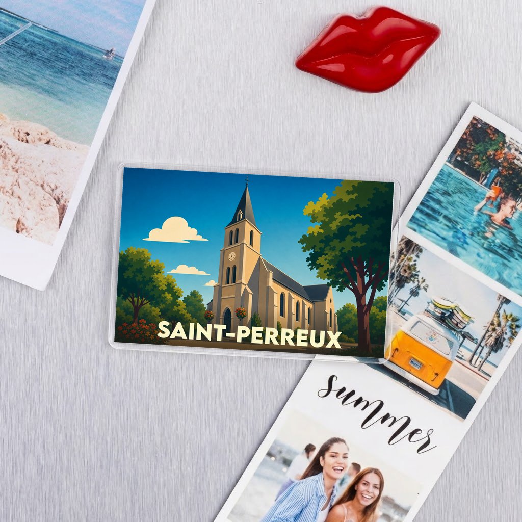 Magnet souvenir de la ville de Saint-Perreux avec une illustration stylisée de son église.