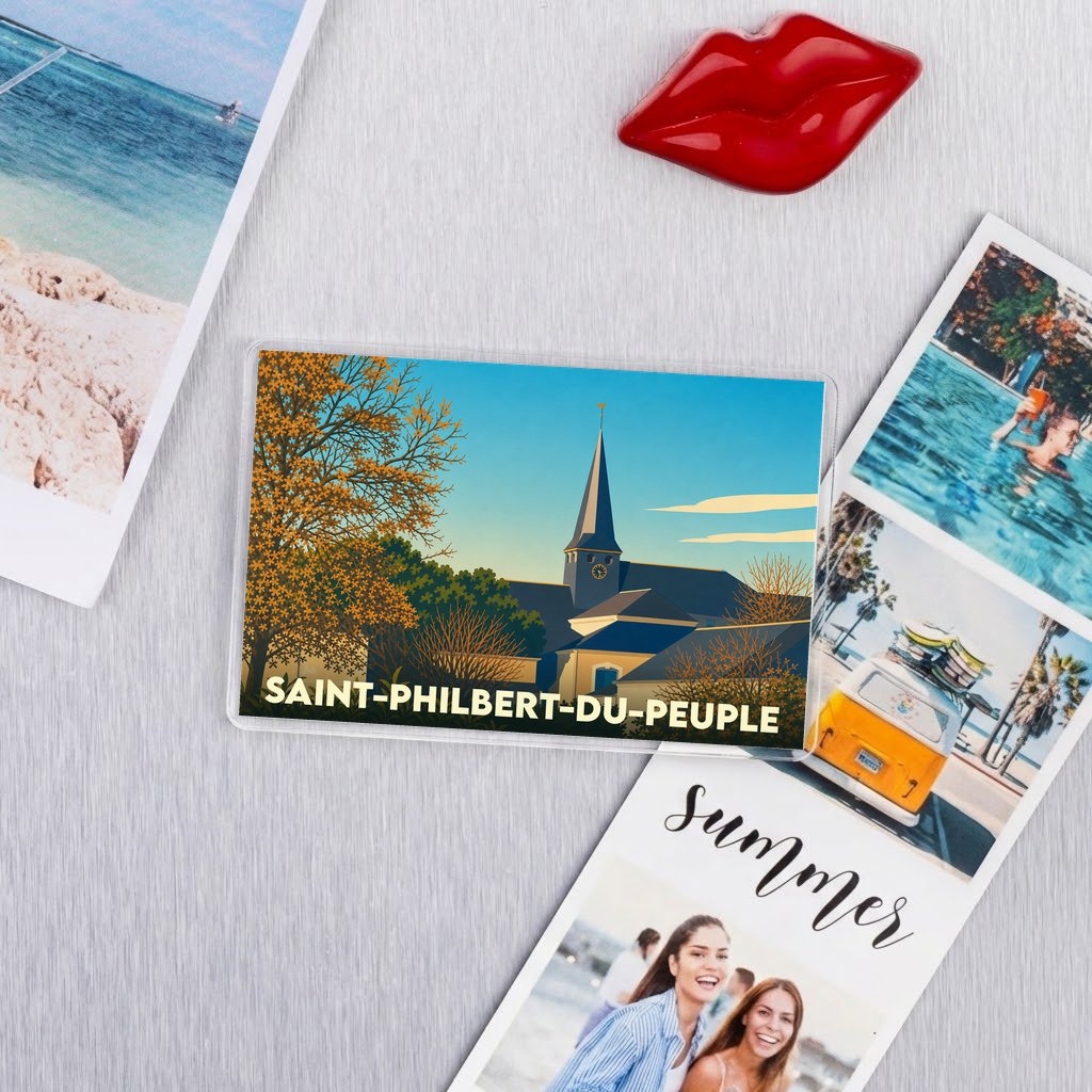 Magnet souvenir de la ville de Saint-Philbert-du-Peuple avec une illustration stylisée de son église.