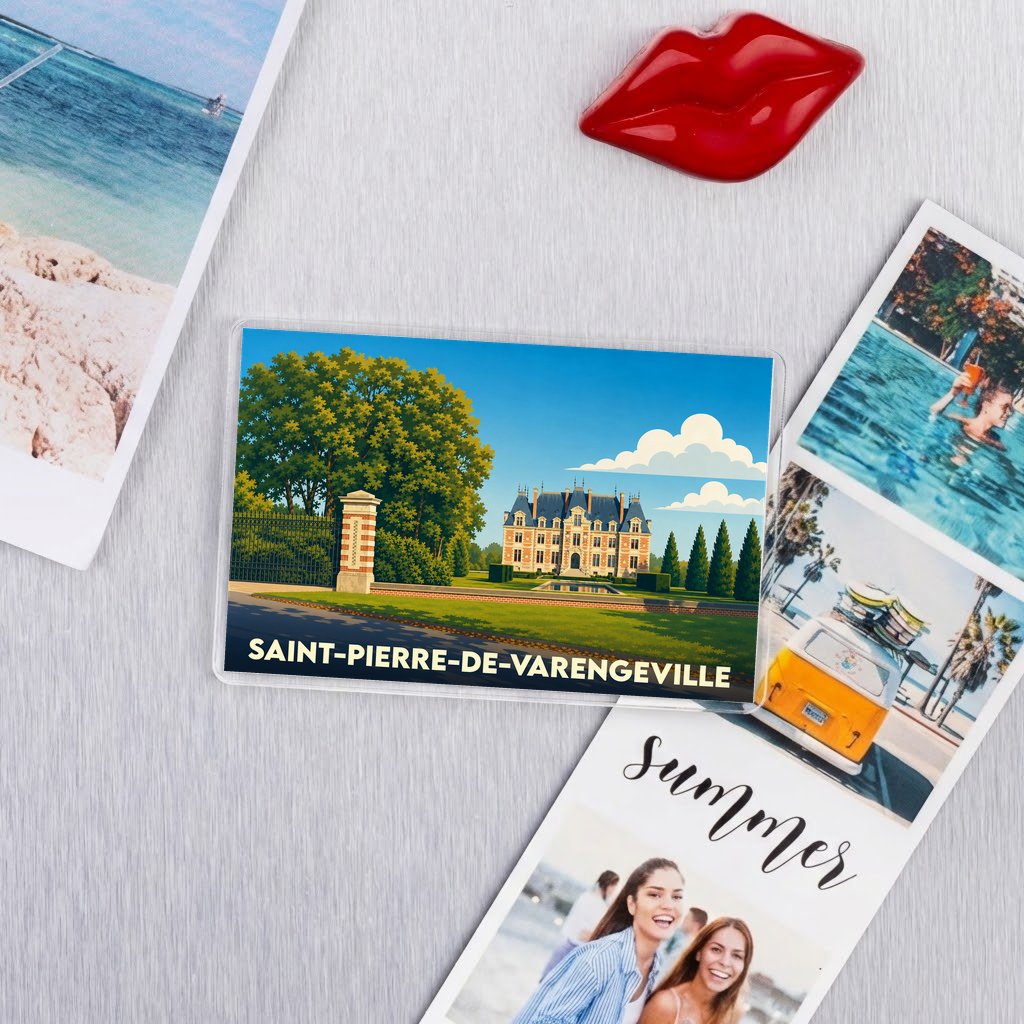 Magnet souvenir de la ville de Saint-Pierre-de-Varengeville avec une illustration stylisée de son château.
