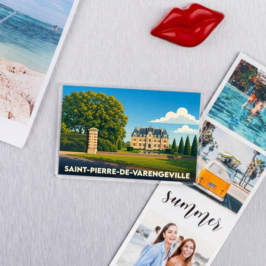 Magnet souvenir de la ville de Saint-Pierre-de-Varengeville avec une illustration stylisée de son château.
