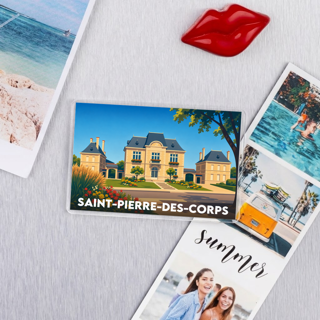 Magnet souvenir de la ville de Saint-Pierre-des-Corps avec une illustration stylisée d'une grande demeure et de ses jardins.