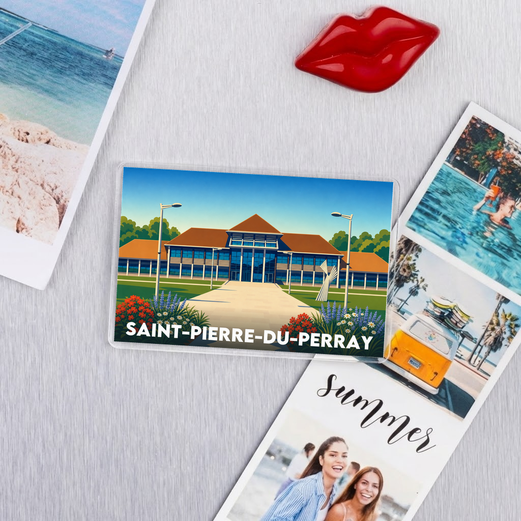 Magnet souvenir de la ville de Saint-Pierre-du-Perray avec une illustration stylisée d'un bâtiment.