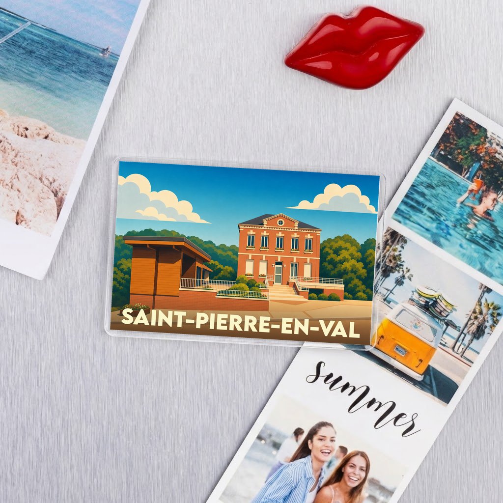 Magnet souvenir de Saint-Pierre-en-Val avec une illustration colorée et stylisée de la commune.