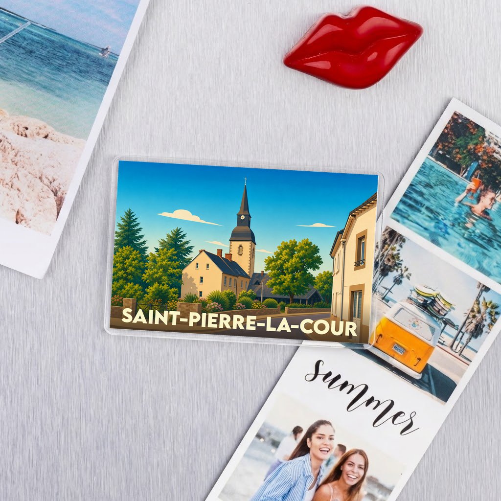 Magnet souvenir de la ville de Saint-Pierre-la-Cour avec une illustration stylisée de son église et de ses maisons.