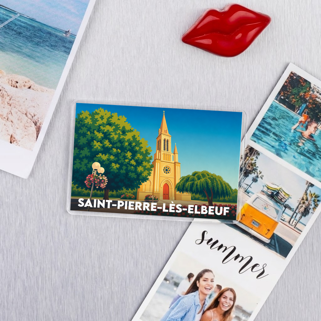 Magnet rectangulaire souvenir de Saint-Pierre-lès-Elbeuf avec une illustration stylisée de son église.