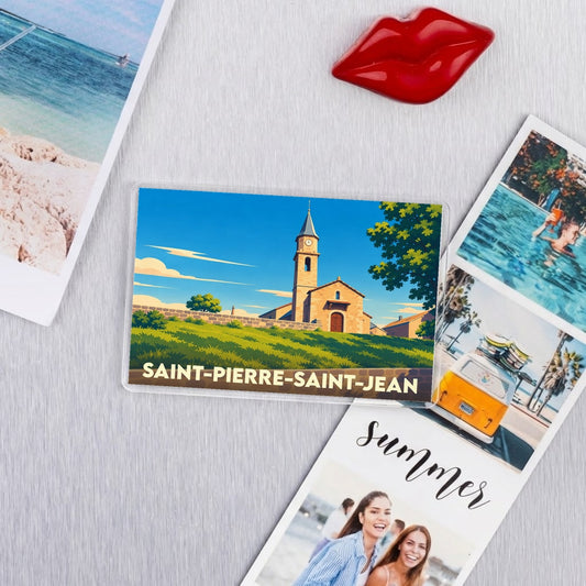 Magnet souvenir de Saint-Pierre-Saint-Jean présentant une illustration stylisée de l'église locale.