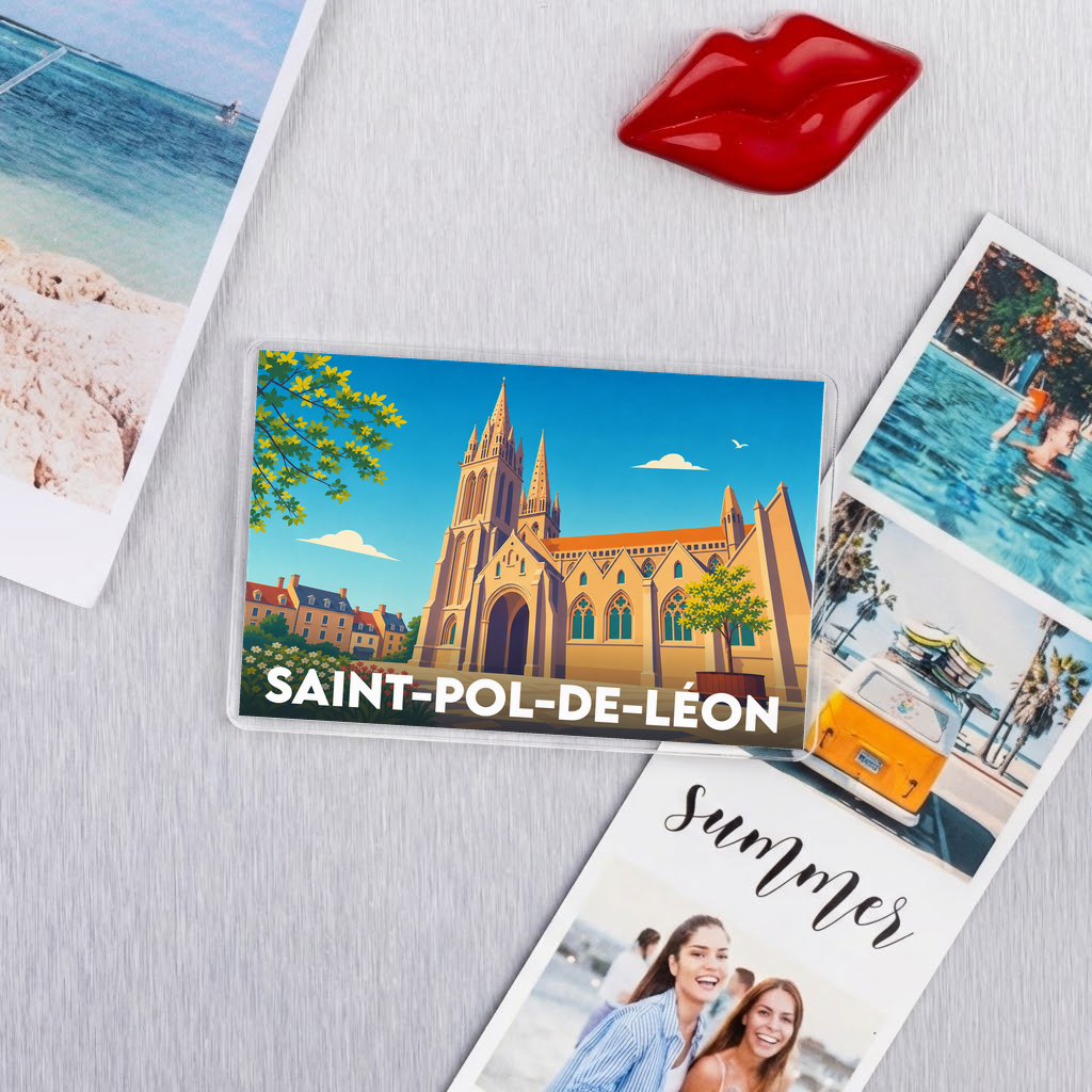 Magnet rectangulaire souvenir de la ville de Saint-Pol-de-Léon avec une illustration stylisée de sa cathédrale.