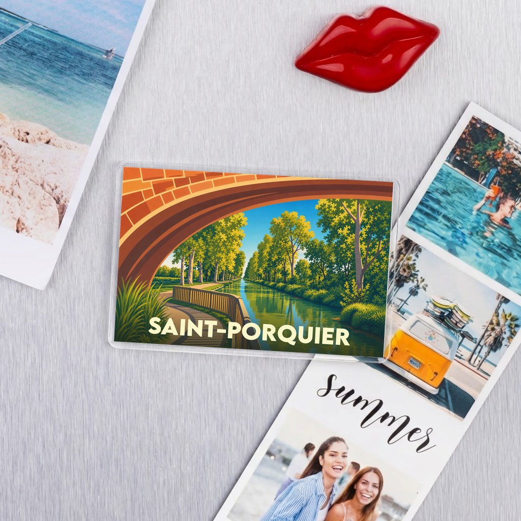 Magnet souvenir de la ville de Saint-Porquier avec une illustration stylisée d'un canal sous un pont de briques.