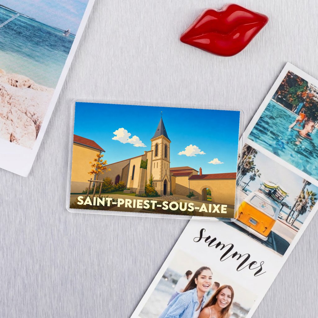 Magnet souvenir de la ville de Saint-Priest-sous-Aixe avec une illustration stylisée.