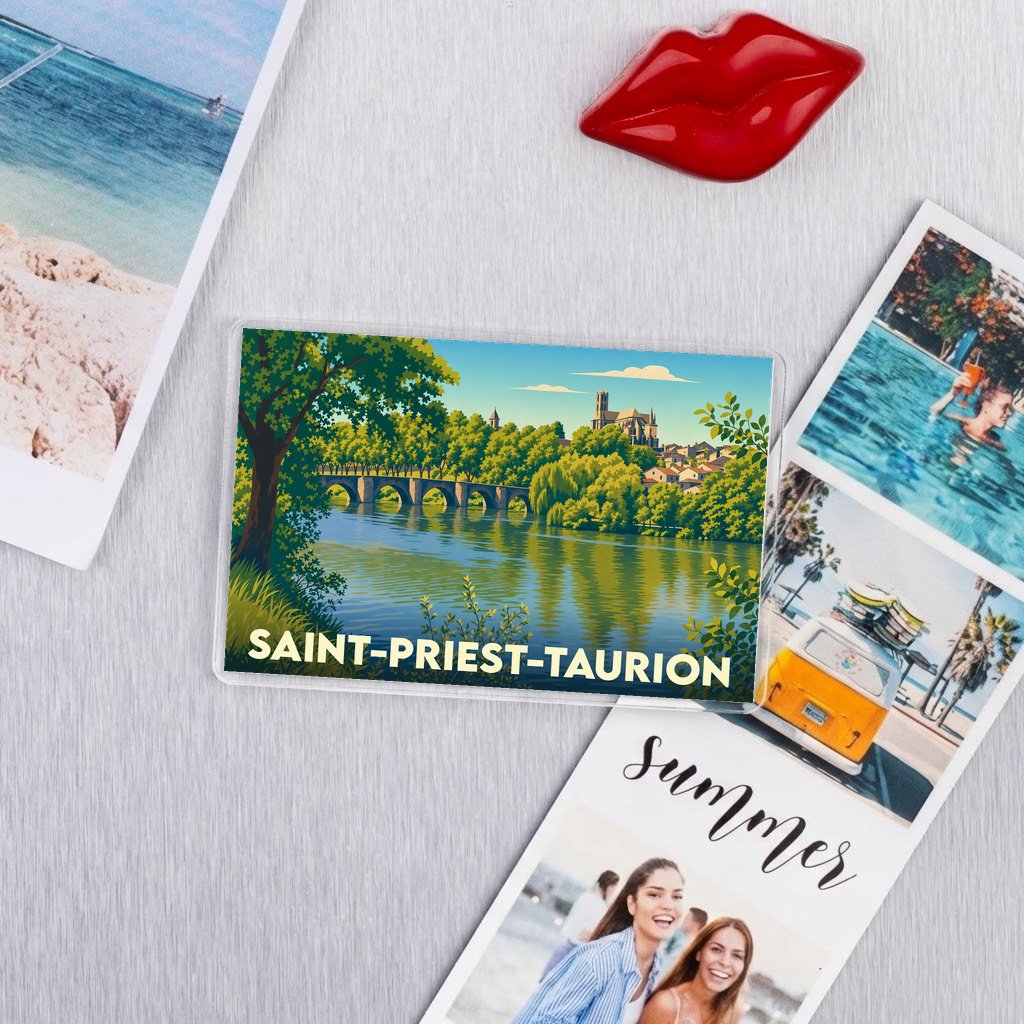 Magnet souvenir de la ville de Saint-Priest-Taurion avec une illustration stylisée d'un pont et d'une église au bord de l'eau.