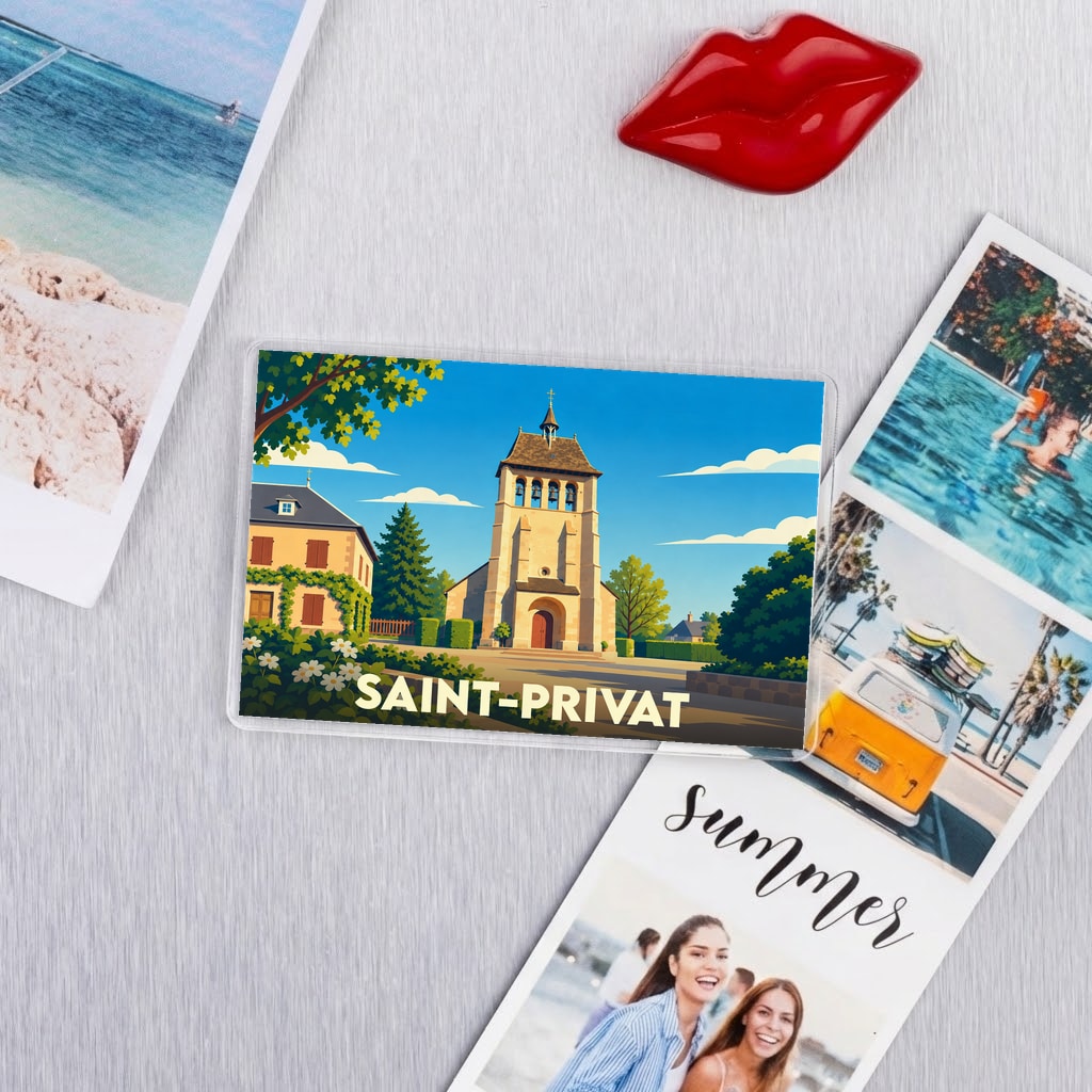 Magnet souvenir de la ville de Saint-Privat avec une illustration stylisée de son église.