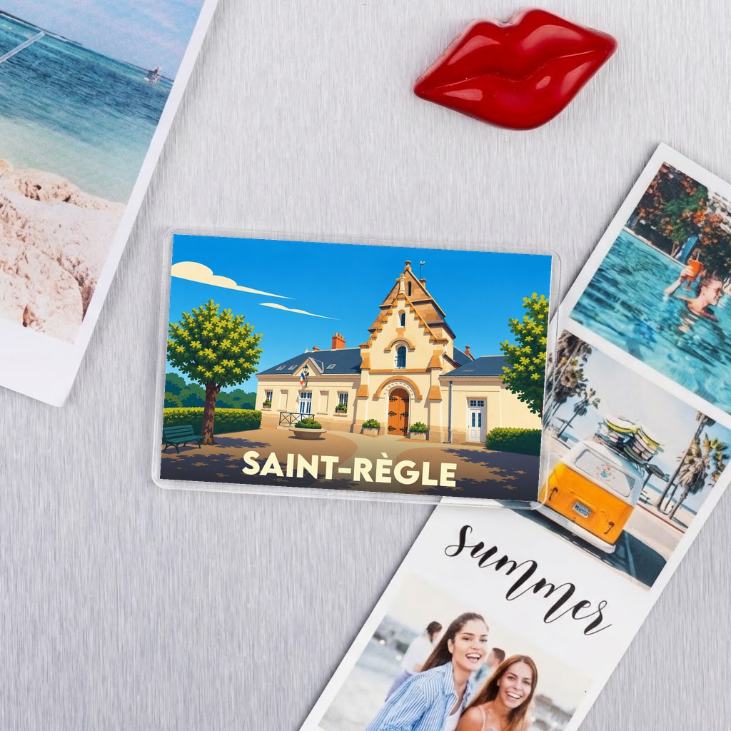 Magnet souvenir de la ville de Saint-Règle avec une illustration stylisée de sa mairie.
