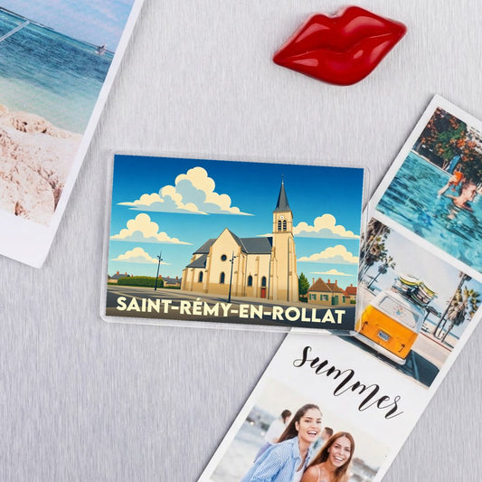 Magnet souvenir de la ville de Saint-Rémy-en-Rollat avec une illustration stylisée de son église.