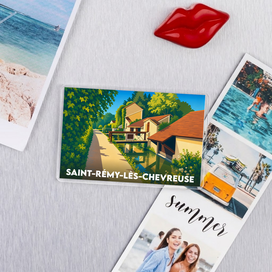 Magnet souvenir de Saint-Rémy-lès-Chevreuse présentant une illustration colorée et stylisée de la ville.