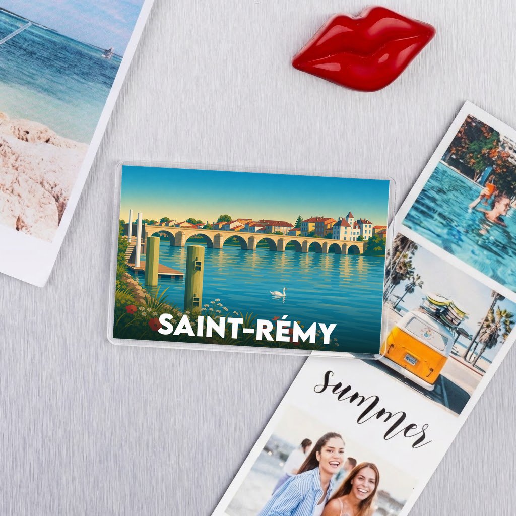Magnat souvenir de la ville de Saint-Rémy avec une illustration stylisée d'un pont et d'un cygne.
