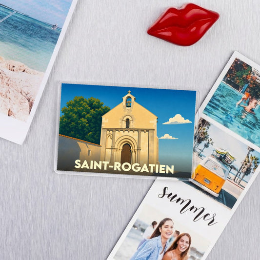 Magnet souvenir de la ville de Saint-Rogatien avec une illustration stylisée de son église.