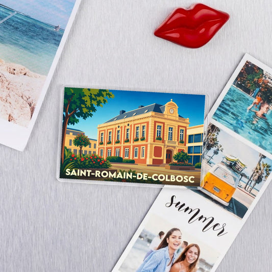 Magnet souvenir de la ville de Saint-Romain-de-Colbosc avec une illustration stylisée de sa mairie.