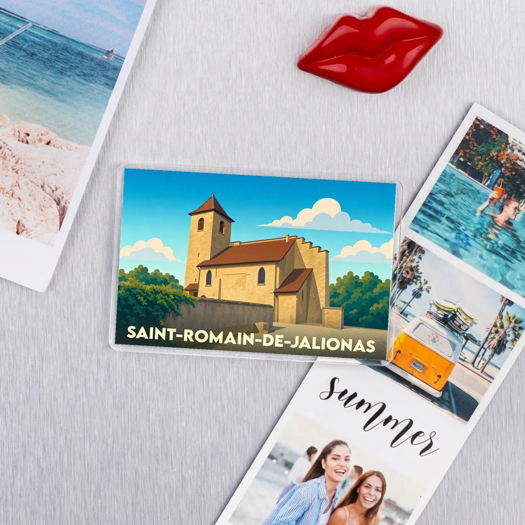 Magnet souvenir de la ville de Saint-Romain-de-Jalionas avec une illustration stylisée de son église.