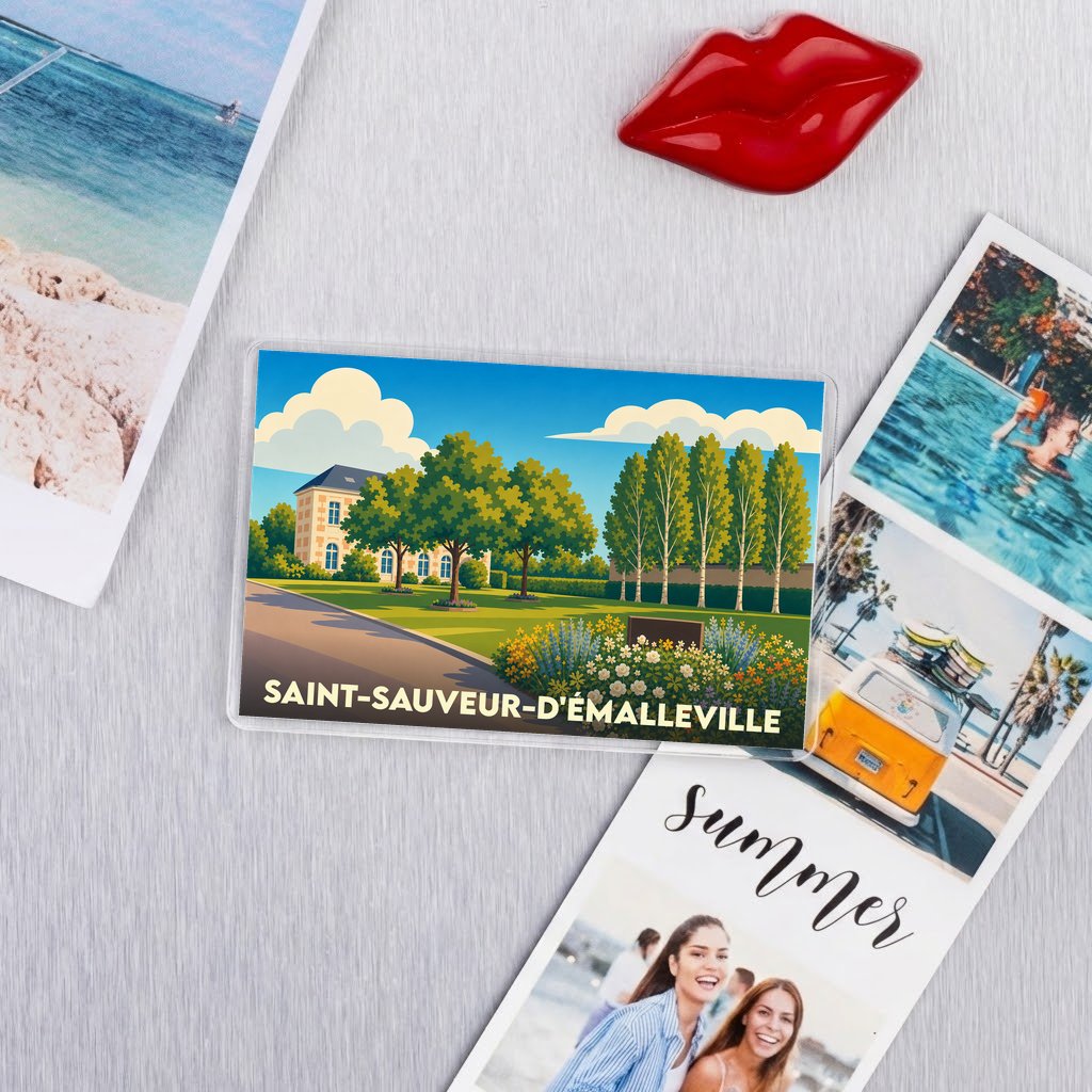 Magnet rectangulaire souvenir de Saint-Sauveur-d'Émalleville avec une illustration stylisée de la ville.