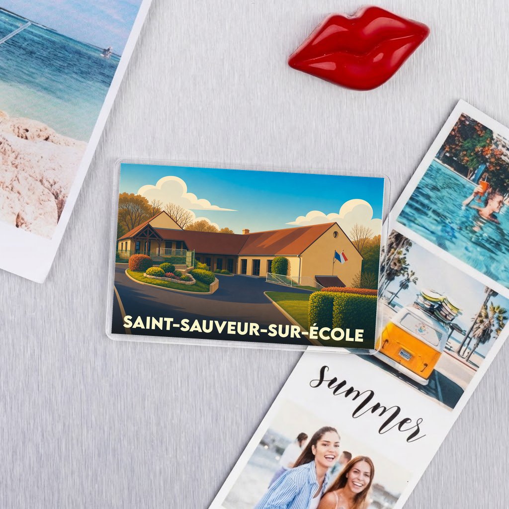 Magnet souvenir de la ville de Saint-Sauveur-sur-École avec une illustration stylisée d'un bâtiment local.