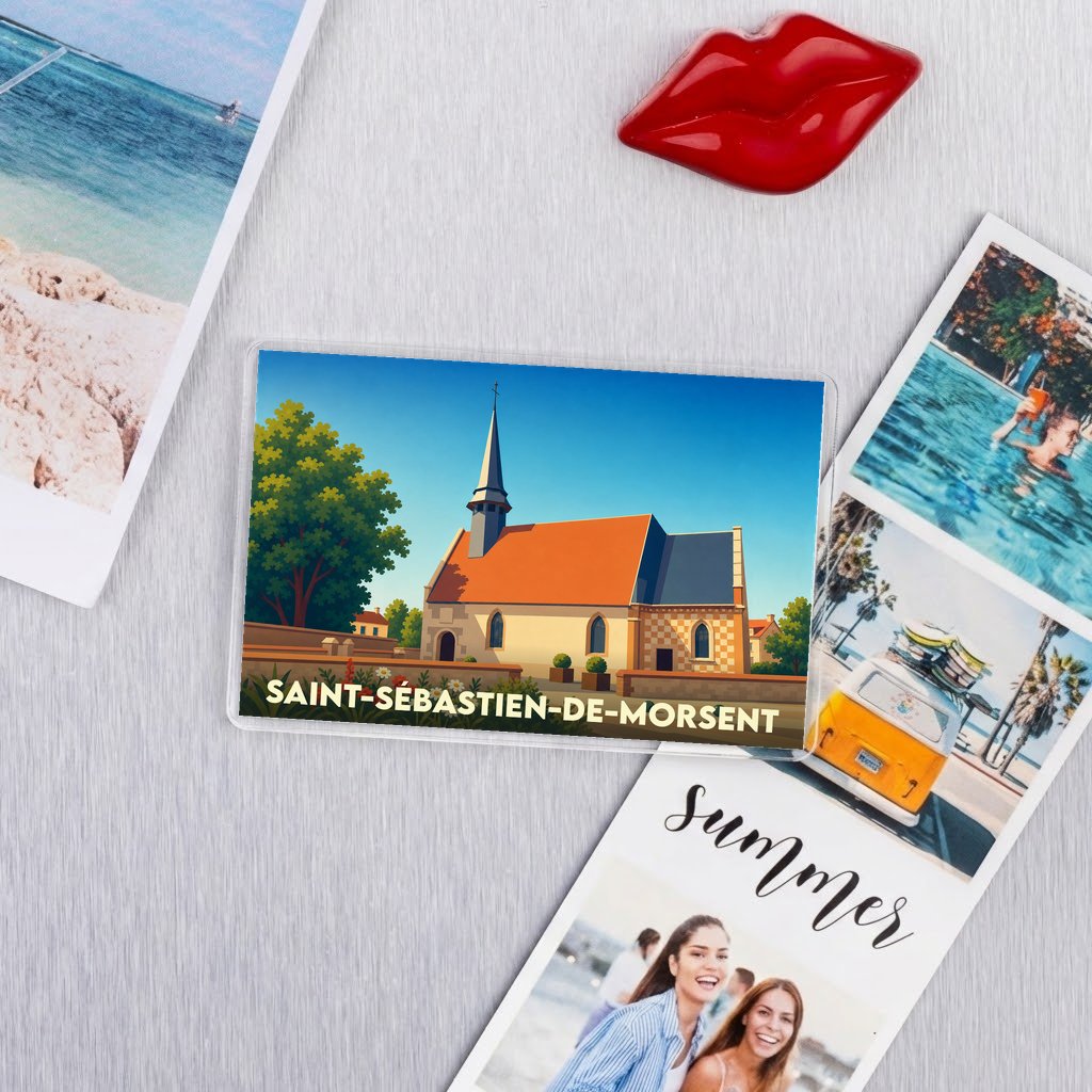 Magnet souvenir de la ville de Saint-Sébastien-de-Morsent avec une illustration stylisée de son église.