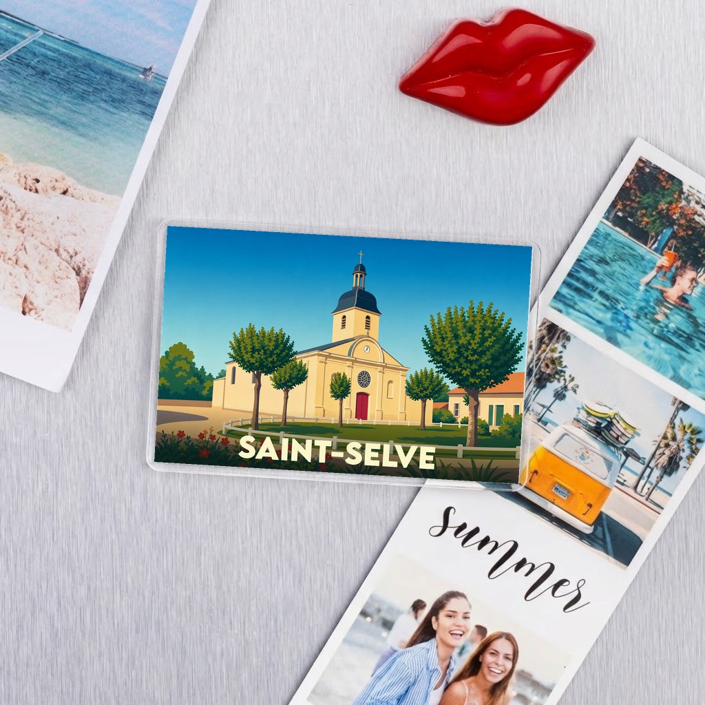 Magnet souvenir de la ville de Saint-Selve avec une illustration stylisée de son église.