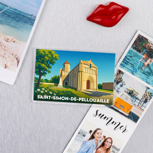 Magnet souvenir de la ville de Saint-Simon-de-Pellouaille avec une illustration stylisée de son église.