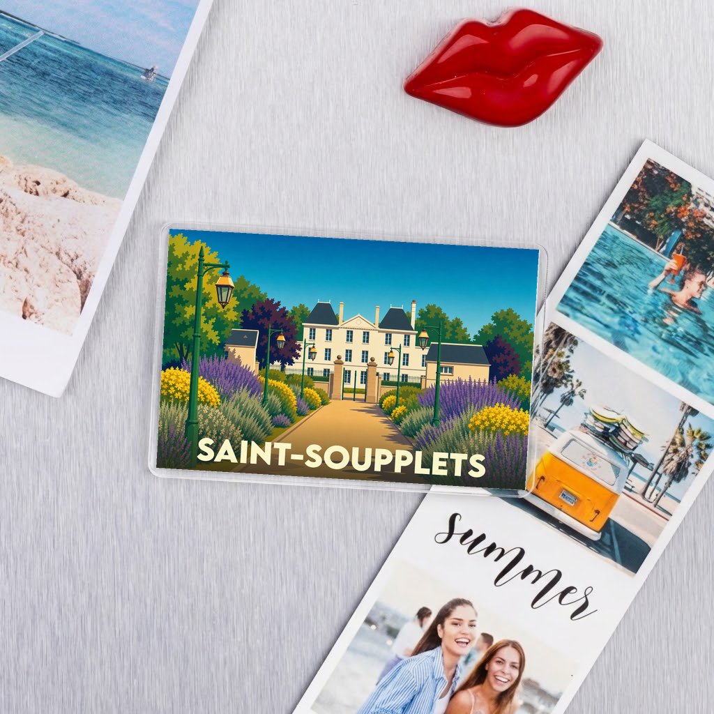 Magnet souvenir de la ville de Saint-Soupplets avec une illustration stylisée de son château.