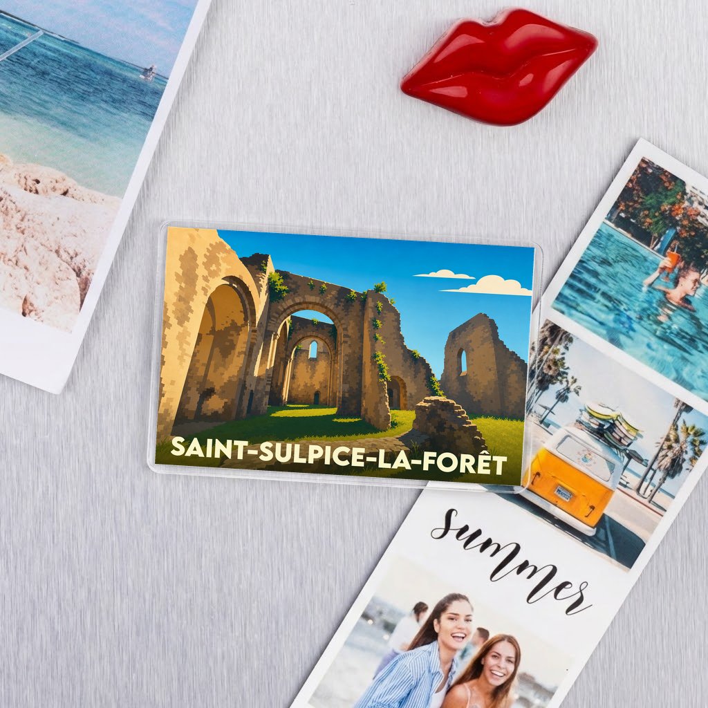 Magnet souvenir de la ville de Saint-Sulpice-la-Forêt avec une illustration stylisée des ruines de l'abbaye.